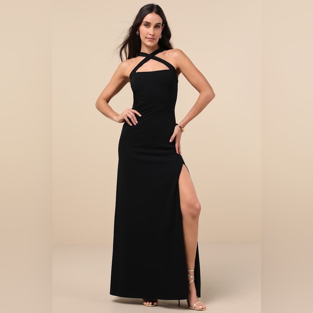 Lulus Women’s Perfectly Demure Black Backless Column Maxi Dress NWOT Size Medium